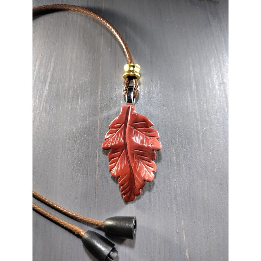 TrailerSpark Red Jasper‎ Carved Leaf Pendant Necklace 18in Waxed Cord Break Away